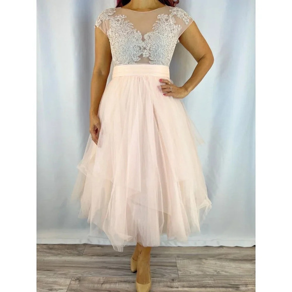 NEW O'Blanc Pink Silver Lace Tulle Formal Midi Dress $1440 - Picture 2 of 14